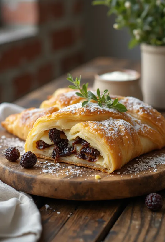 Strudel de requeijão com passas servido, polvilhado com açúcar em pó
