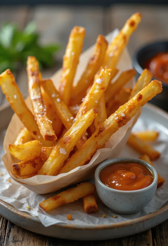 Palitos de aipo assados dourados, polvilhados com salsa fresca.