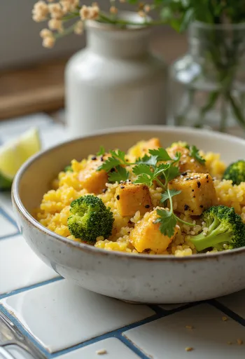 Caril de brócolos e quinoa com tofu