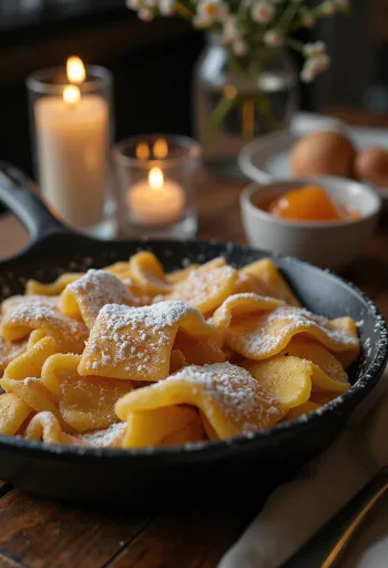 Kaiserschmarrn clássico dourado, polvilhado com açúcar em pó e servido com compota.