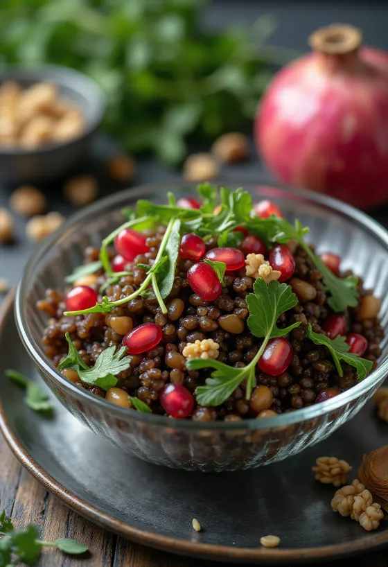 Salada de lentilhas com romã servida