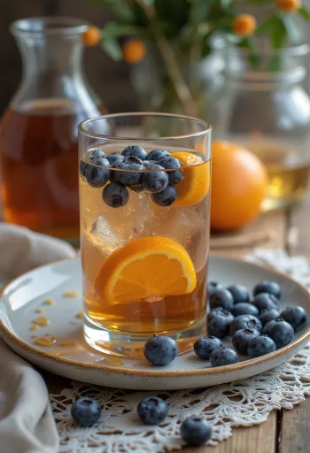 Bebida frutada de cider de mel e mirtilo decorada com rodela de laranja e mirtilo