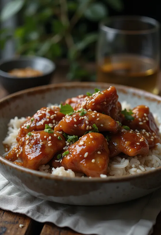 Frango com mel frito dourado, polvilhado com sementes de sésamo e ervas frescas