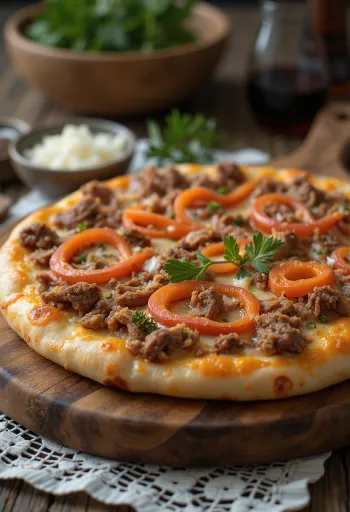 Pizza estilo cazaque com carne de vaca ou cavalo