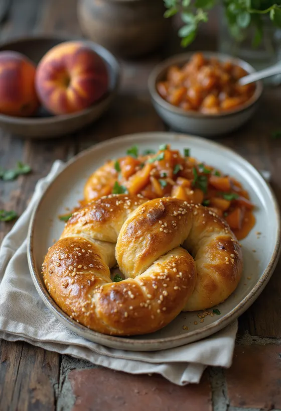 Pretzel de pêssego assado servido