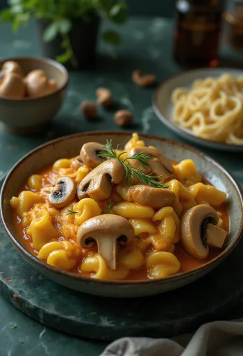 Cogumelos com paprika e natas servidos com salsa fresca e nokedli