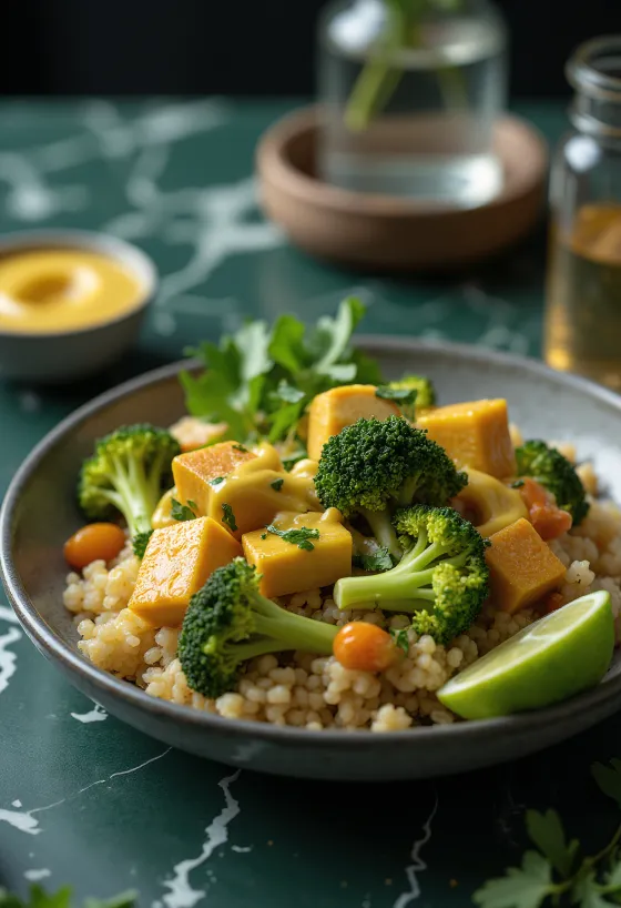 Buddha Bowl de Quinoa e Brócolos com Tofu e Tahini de Caril servido