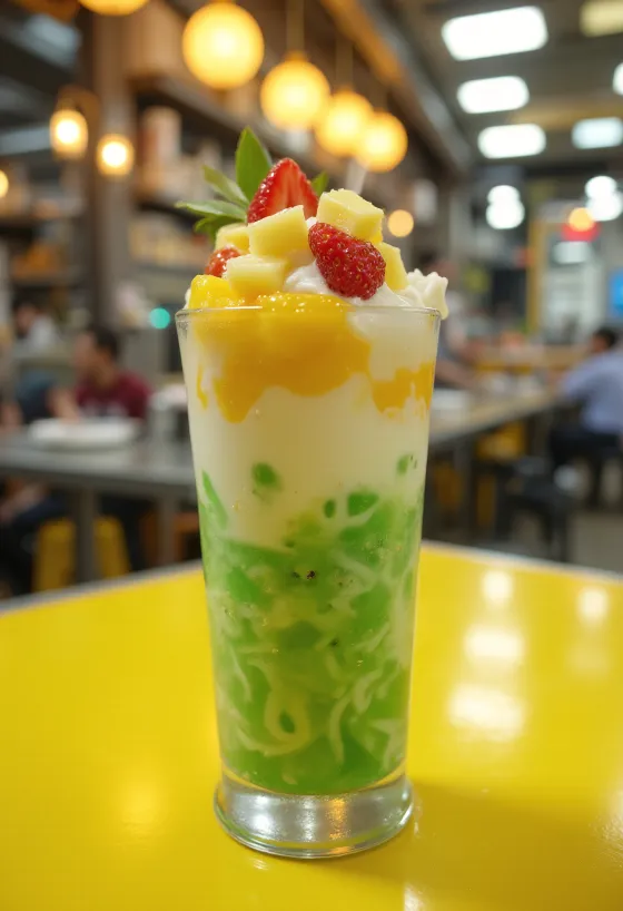 Cendol com mistura de frutas em copo alto