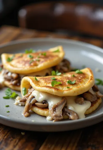 Crepes de frango e cogumelos servidos na travessa