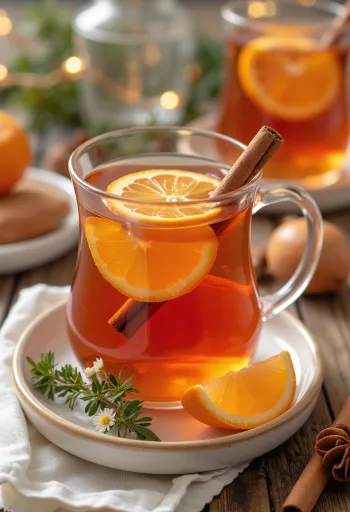 Bebida quente de ponche com rodelas de laranja e pau de canela em copo de vidro