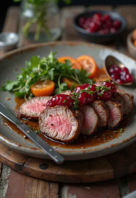 Carne de avestruz grelhada servida com salada fresca