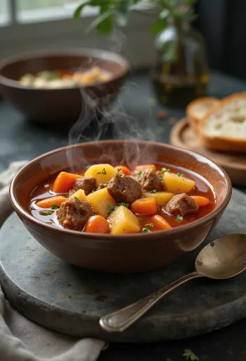 Sopa Goulash tradicional com pedaços ricos de carne e legumes, temperada com paprika vermelha.