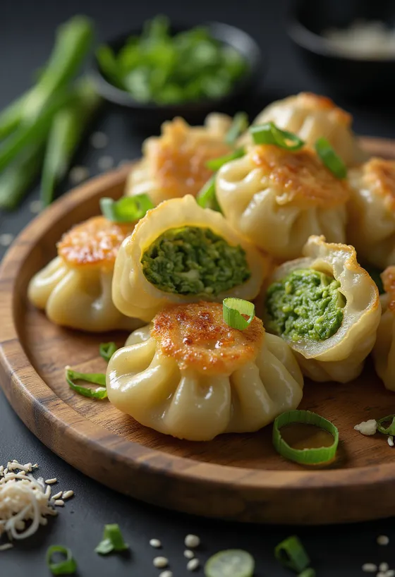 Gyoza com legumes, recheado com legumes frescos, em massa crocante.