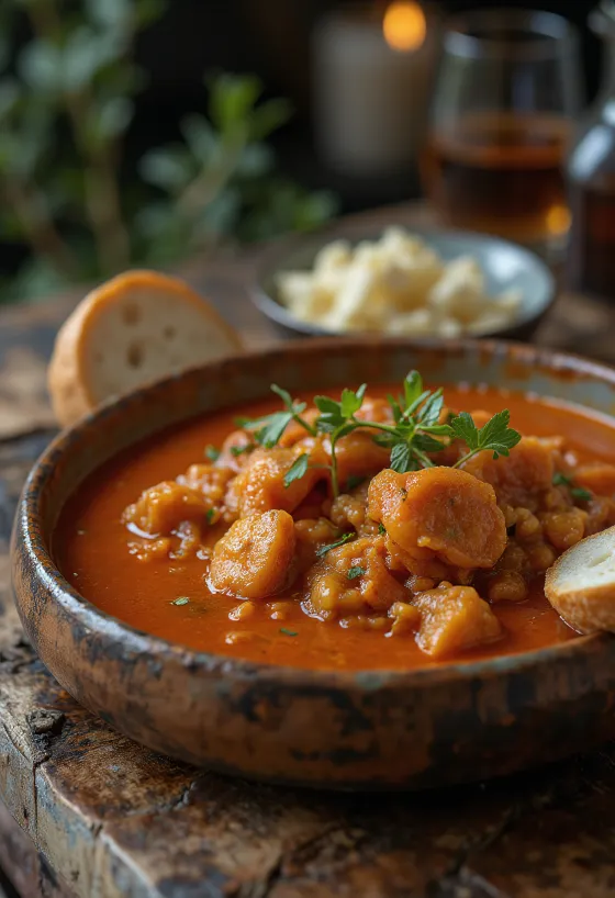 Dobrada tradicional húngara servida com legumes e pão fresco