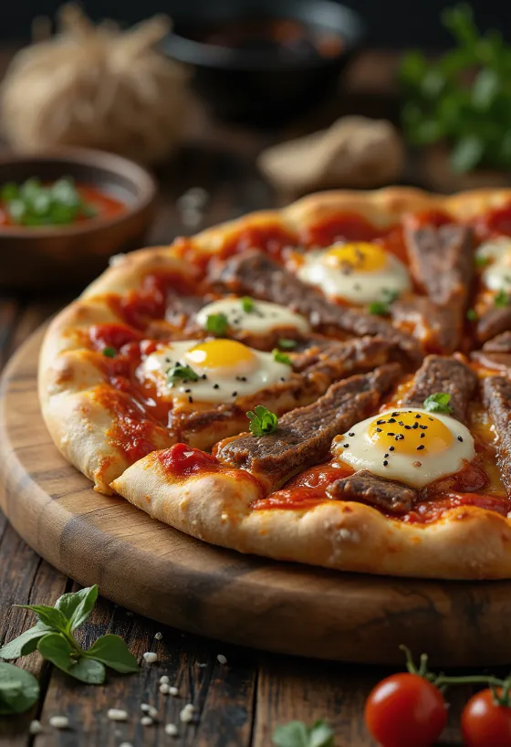 Pizza coreana de carne de vaca Bulgogi servida