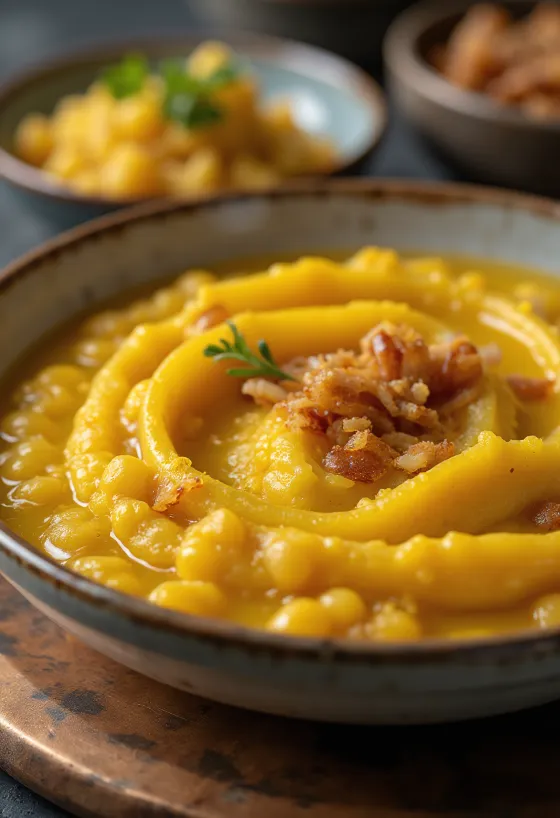 Főzelék de ervilhas amarelas com salsa fresca e acompanhamento crocante