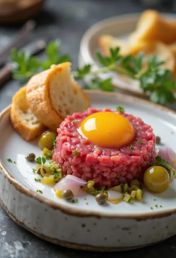 Steak Tartare servido com gema de ovo e torrada