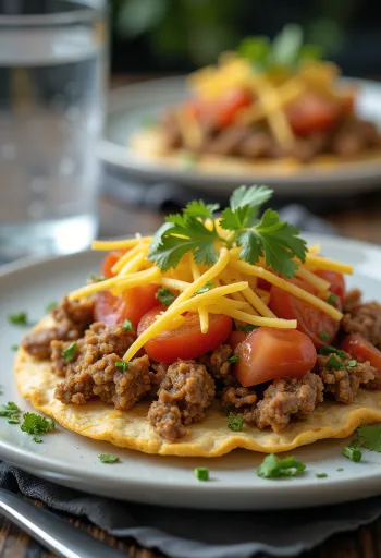 Tostada com carne de vaca, tortilla crocante decorada com queijo e coentros