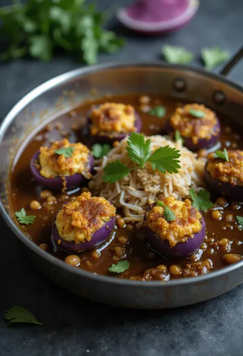 Beringelas pequenas inteiras recheadas, cozinhadas em molho vermelho picante
