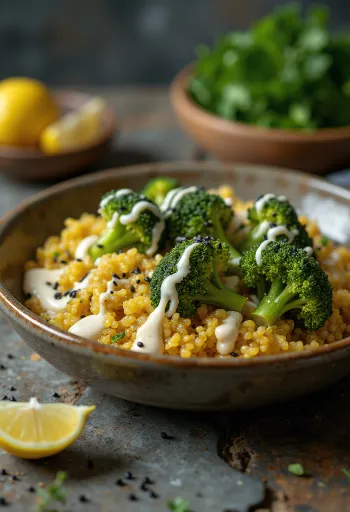 Buddha Bowl de Quinoa e Brócolos com Caril e Tahini de Lima servido
