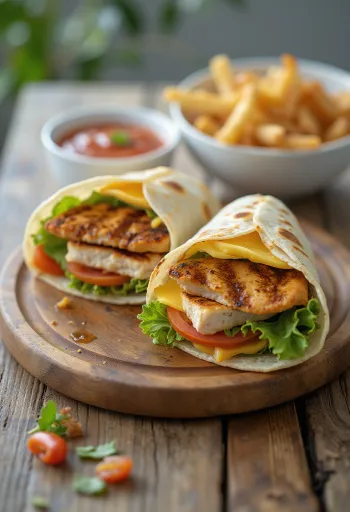 Wrap de frango com vegetais frescos, peito de frango grelhado e molho de iogurte