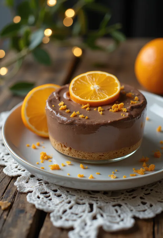 Bolo mousse de chocolate e laranja servido em fatias