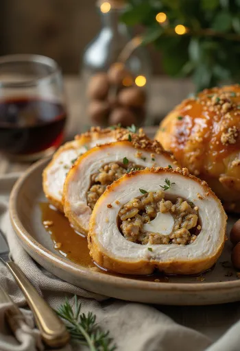 Fatias de peito de peru suculento recheado com castanhas, servido com legumes.