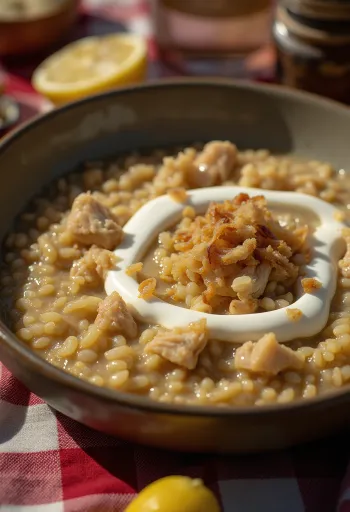 Haleem com cevada, servido com iogurte e coentros frescos