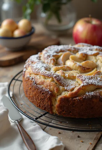 Bolo de papoila e maçã servido