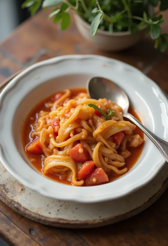 Couve com molho de tomate servida com endro fresco e almôndegas suculentas.