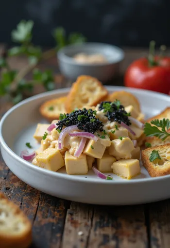 Versão vegana de Skagenröra decorada com tofu e aneto