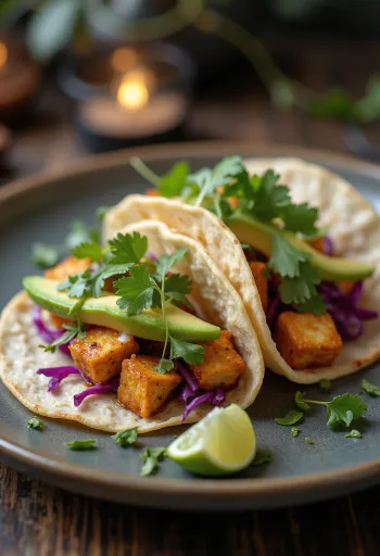 Taco de Tofu com tofu salteado condimentado, coentros e legumes frescos
