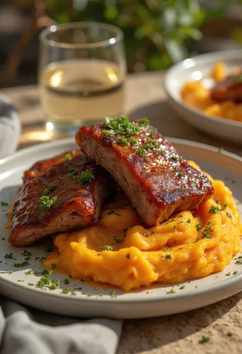 Entrecosto BBQ servido com batata-doce