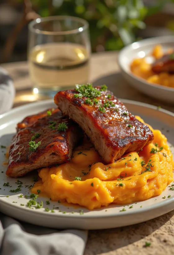 Entrecosto BBQ servido com batata-doce