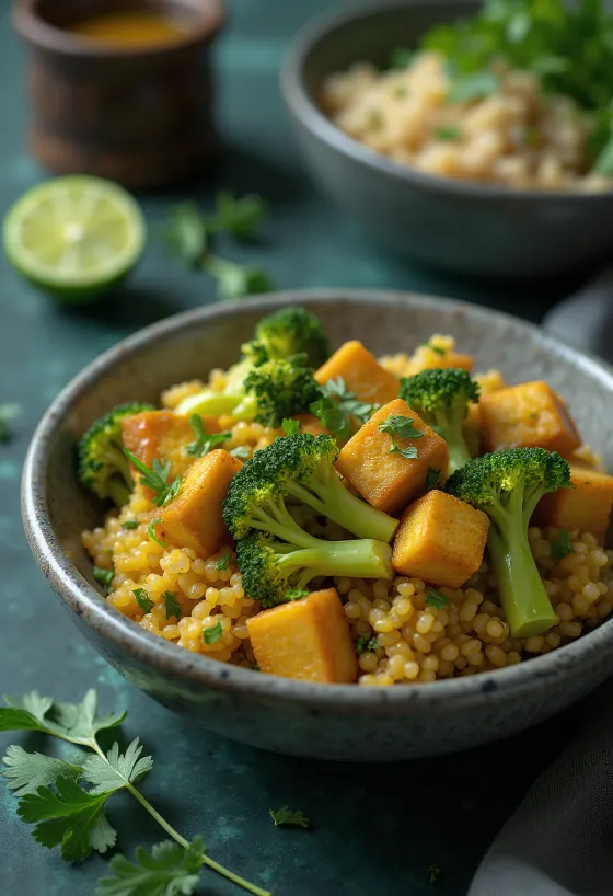 Buddha Bowl de Quinoa e Brócolos com Caril e Tofu de Lima servido