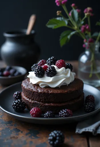 Bolo de chocolate com amoras e frutas frescas