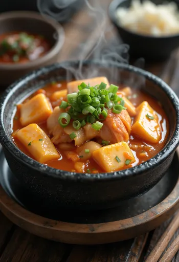 Sopa kimchi jjigae a ferver numa panela de pedra preta