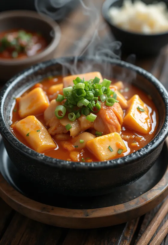 Sopa kimchi jjigae a ferver numa panela de pedra preta