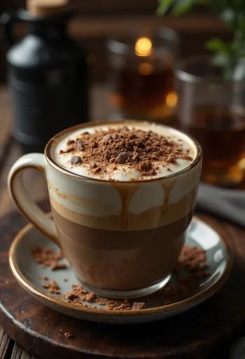 Chávena de vidro com café latte, decorado com natas e raspas de chocolate