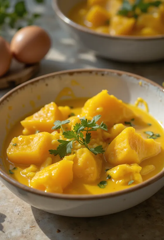 Caril de beringela com batata-doce servido
