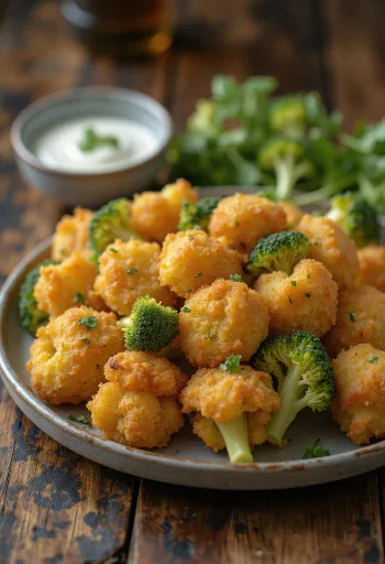 Brócolos panados crocantes fritos até dourarem, servidos num prato com fatias de limão fresco.