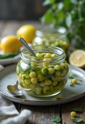 Frasco pequeno com sementes de pepino em conserva