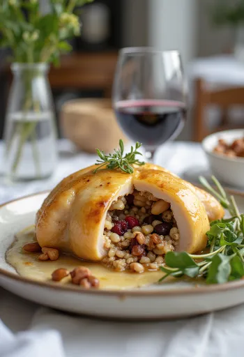 Codorniz recheada com arroz selvagem servida num prato