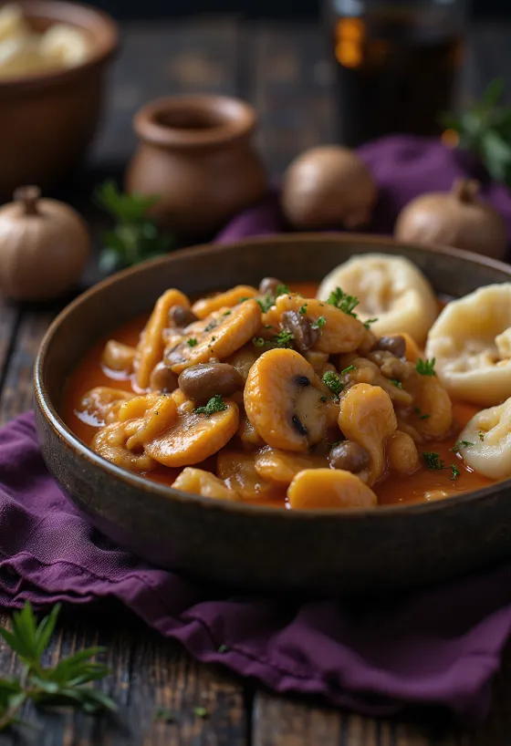 Paprikash de cogumelos com natas fresco, servido com galuska macio