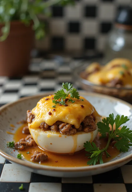 Beringela recheada com queijo crocante no topo, polvilhada com ervas frescas