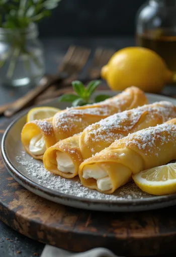 Crepes de queijo quark polvilhados com açúcar em pó e servidos no prato