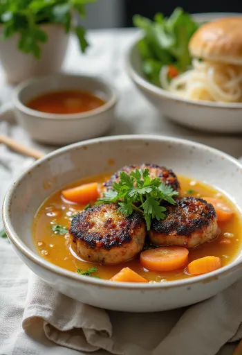 Bun Cha servido com massa de arroz e ervas frescas