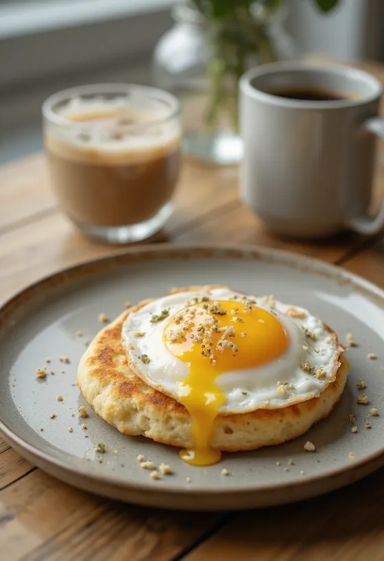 Crumpet com ovo, bolos dourados e macios