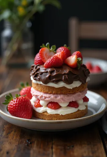Bolo de requeijão com chocolate e morango decorado com morangos frescos e aparas de chocolate