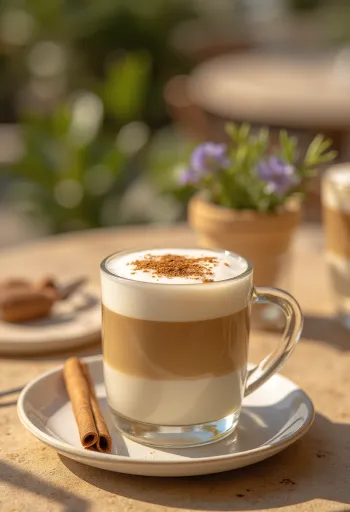 Copo de latte decorado com pau de canela e folhas de hortelã fresca